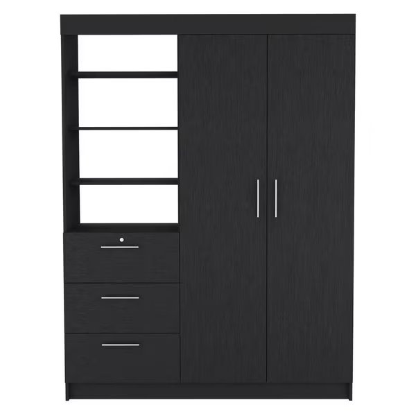 Kenya 3 Drawers Armoire, Double Door, 3-Tier Shelf, Black, Tuhome, Mfr#: CLW8963